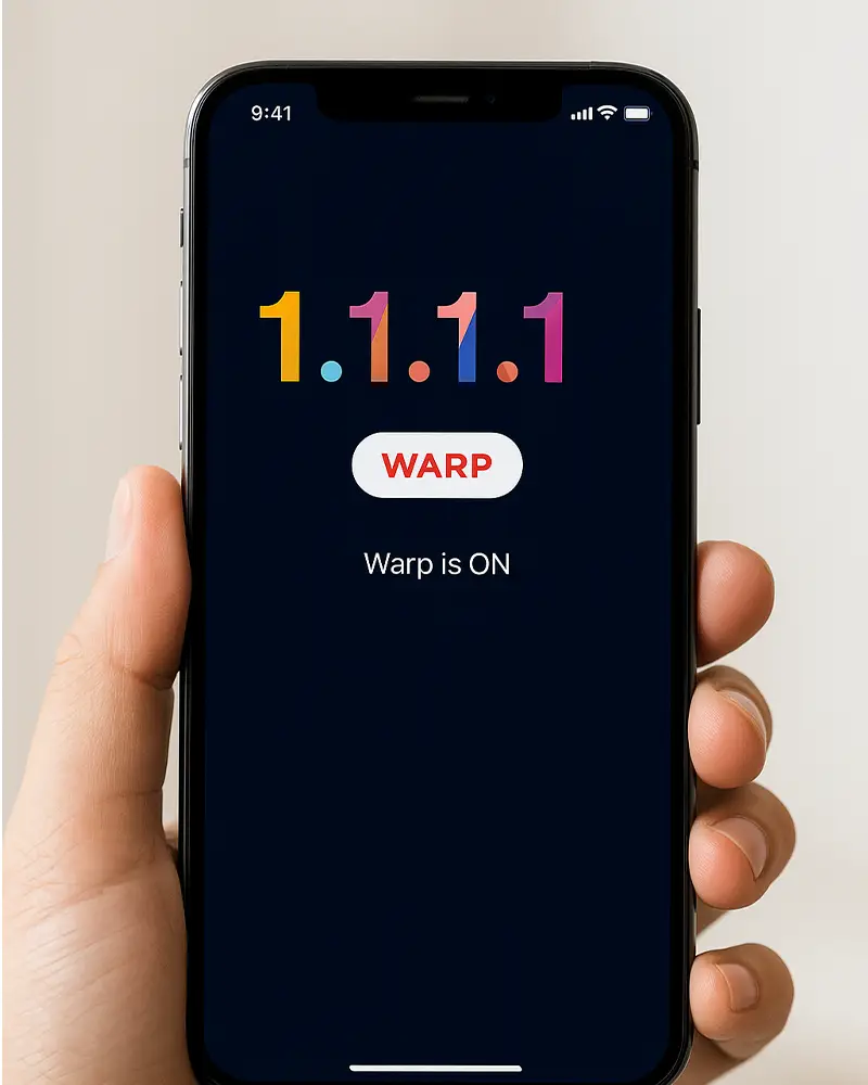ภาพจำลองหน้าจอมือถือเปิดใช้งานแอป Warp 1.1.1.1 เพื่อเร่งความเร็วอินเทอร์เน็ตและป้องกันข้อมูลขณะออนไลน์