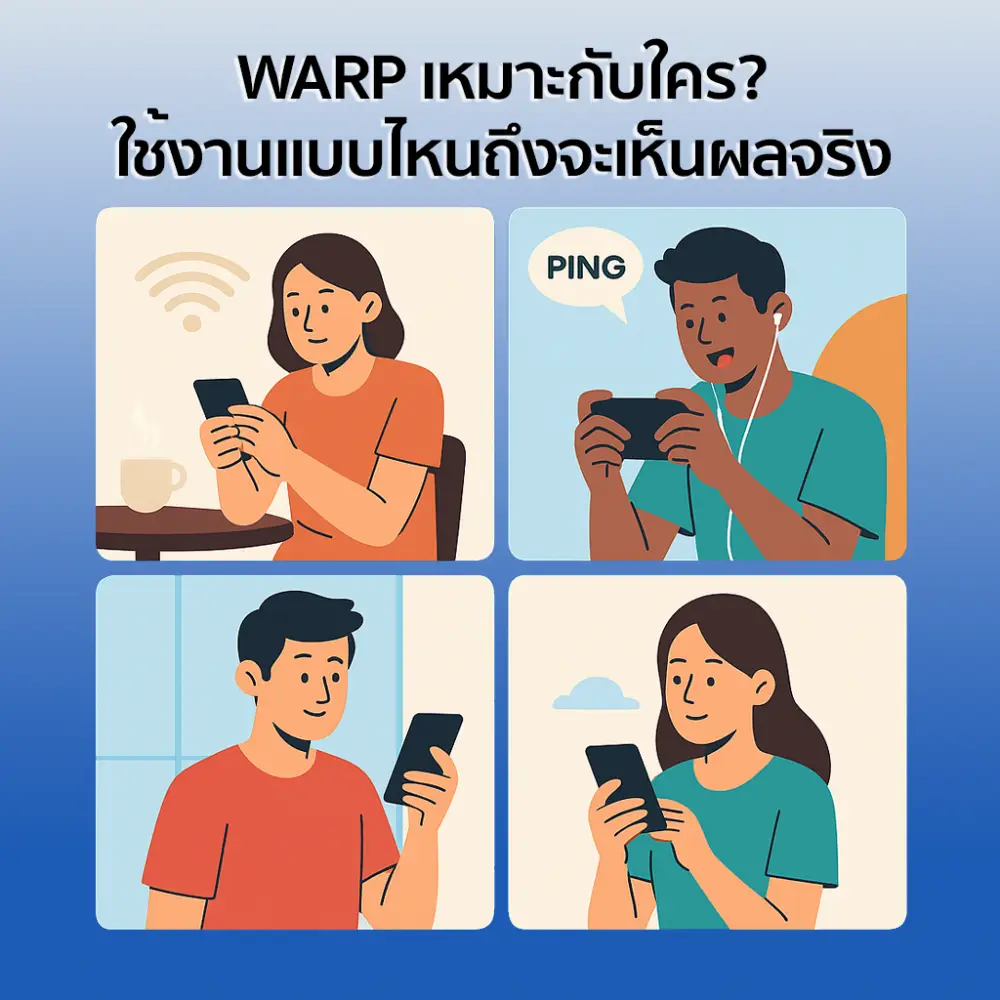 ภาพประกอบแสดงผู้ใช้งาน Warp 1.1.1.1 ในสถานการณ์ต่าง ๆ เช่น ใช้ Wi-Fi สาธารณะ เล่นเกมออนไลน์ และใช้งานมือถือทั่วไป เพื่อแสดงว่าเหมาะกับใครบ้าง